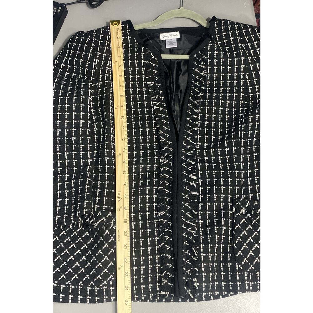 Judy Bond Blazer Womens 16 Tweed Black Check Jacket Fringe Boucle Office Boxy - Picture 13 of 13